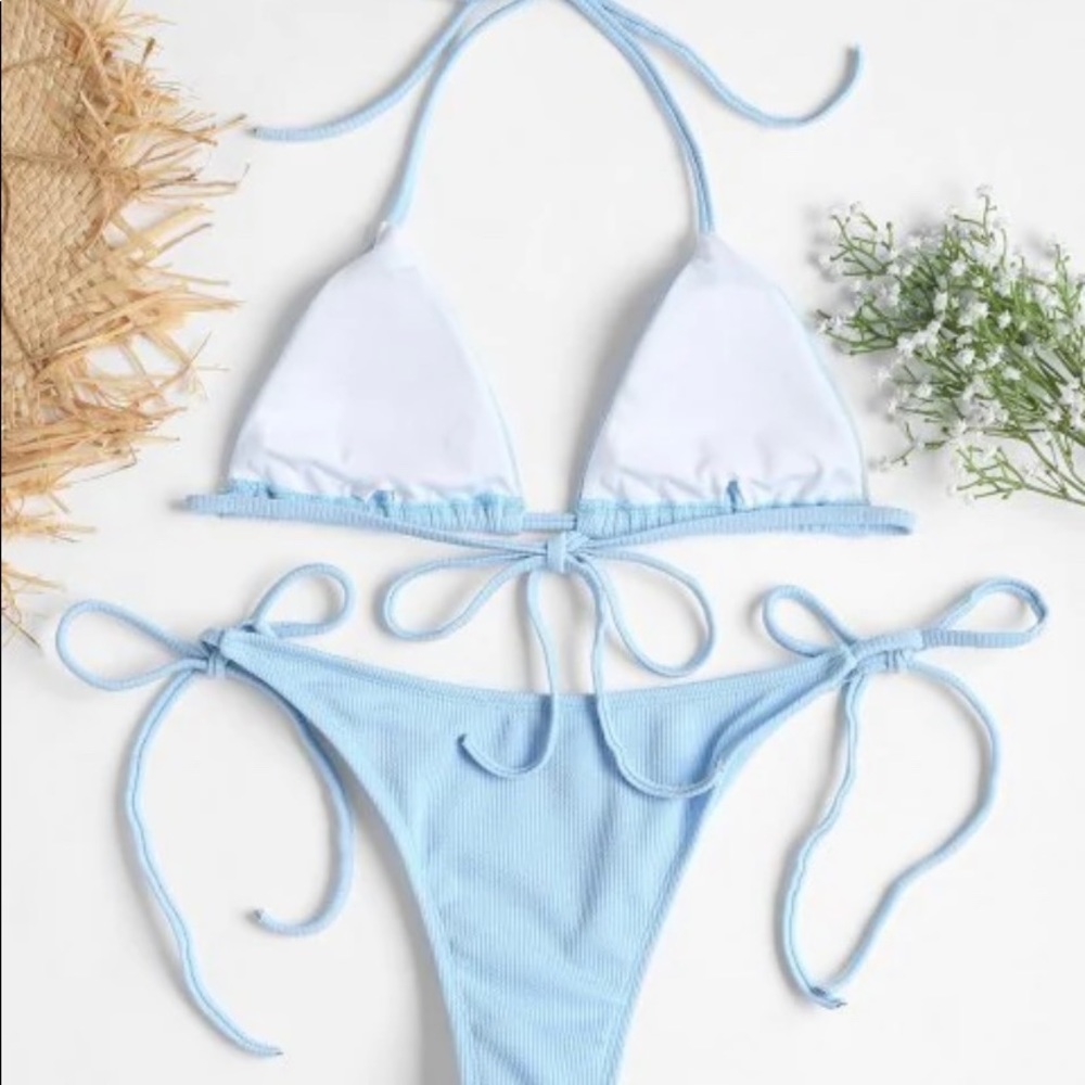 Light Blue Ribbed String Bikini - Picture 3 of 4